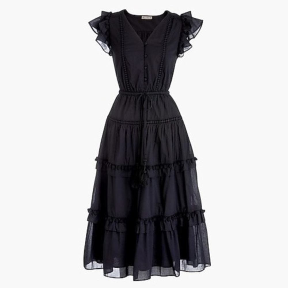 J. Crew Women's Pom Pom Dress Sizeβ 6 Cotton Voile Black Midi NWOT